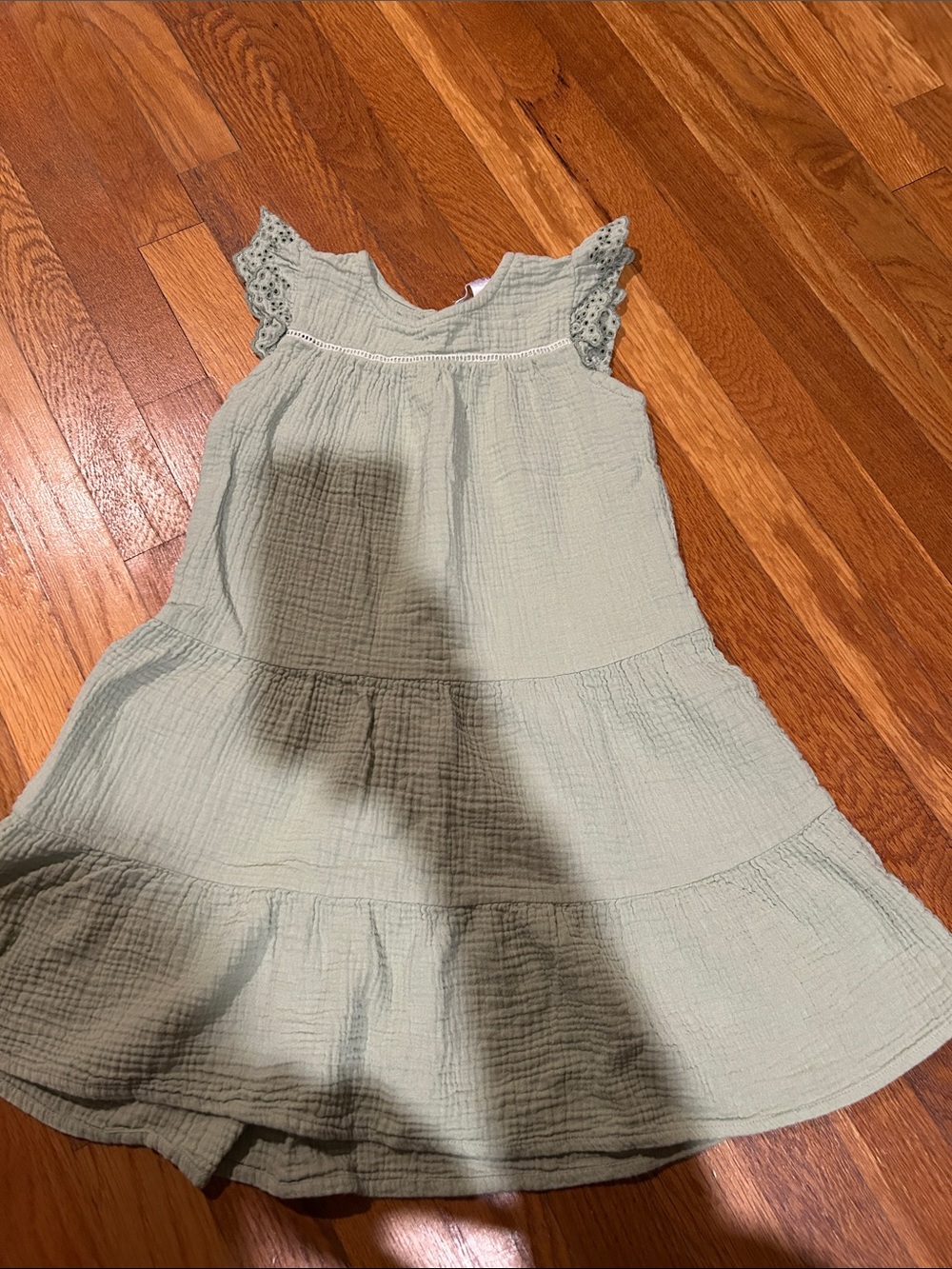 Girls' Light Sage Tiered Cotton Dress with Lace Sleeves